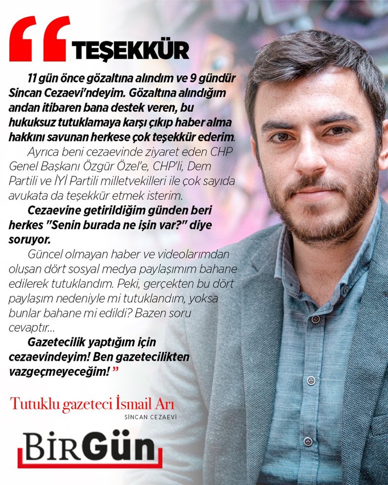 "Gazetecilik suçu"ndan tutuklu BirGün muhabiri İsmail Arı’dan mesaj var birgun.net/haber/gazeteci…