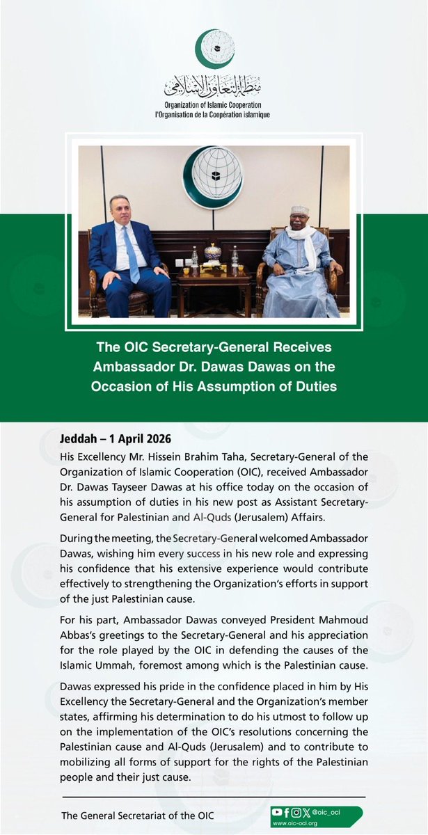 OIC_OCI's tweet image. The #OIC Secretary-General Receives Ambassador Dr. Dawas Dawas on the Occasion of His Assumption of Duties in his new post as Assistant Secretary-General for #Palestine and Al-Quds (#Jerusalem) Affairs.