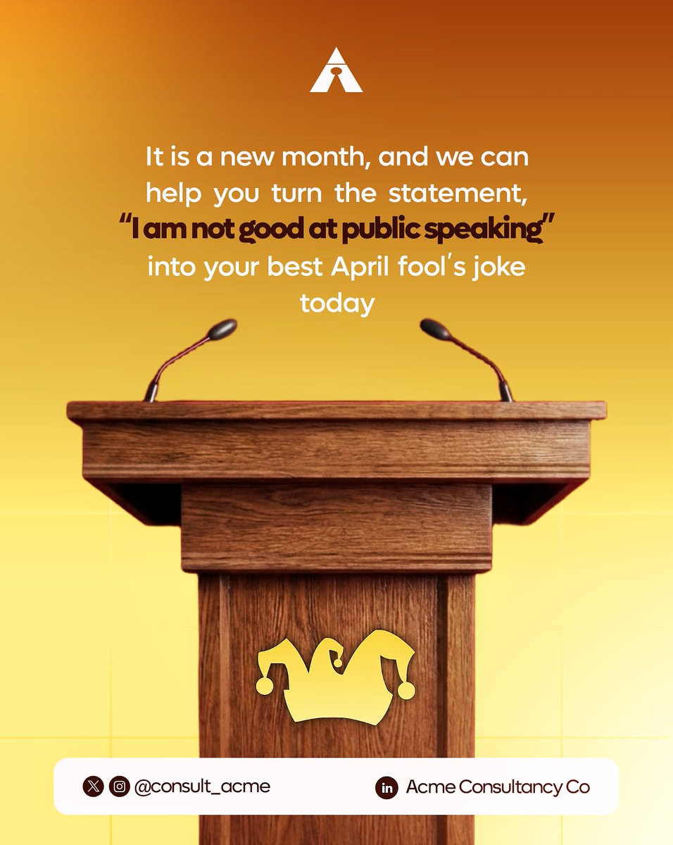 Consult_acme's tweet photo. Seeking for the perfect April Fool's joke? We can create one for you ๐. Happy New Month to you and welcome to April.
#april #newmonth #aprilfoolsjoke #publicspeaking
#makingthestageyourhabitat https://t.co/94B305MX2c
