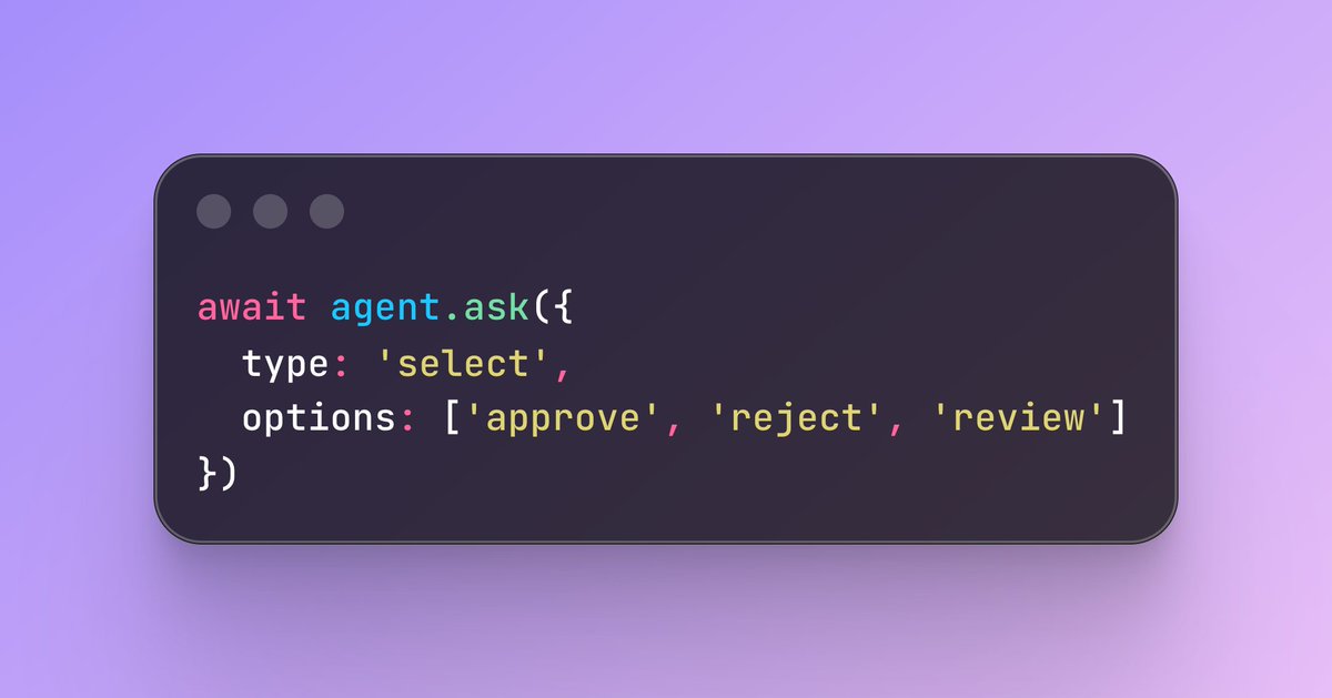 Justack_Dev's tweet photo. The answer: structured "propose → pick → execute" flow with typed inputs.

Three lines. Type-safe. The agent gets a structured decision, not ambiguity. https://t.co/Wt4NznaZ8Q