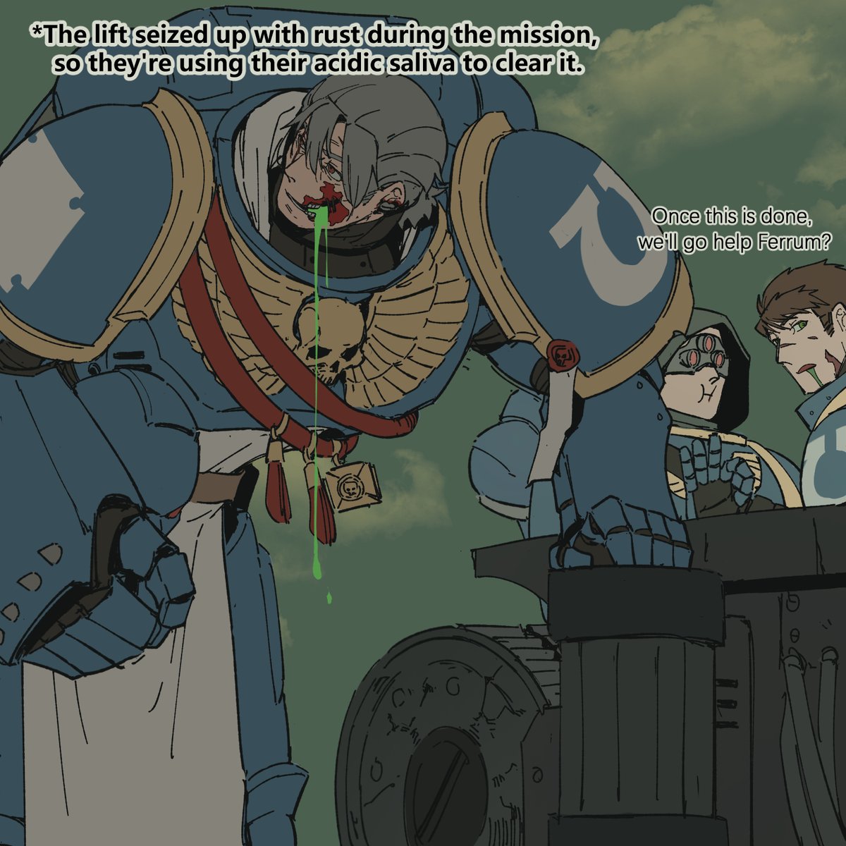 xiaoxiang_cloud's tweet photo. His battle-brother checking to make sure he didn't lose any teeth after that brutal hit.
This scar is an old one; he chose not to have it repaired for personal reasons.
#warhammer40k #warhammer40koc #warhammer40kfanart https://t.co/BPE7QE4VJa
