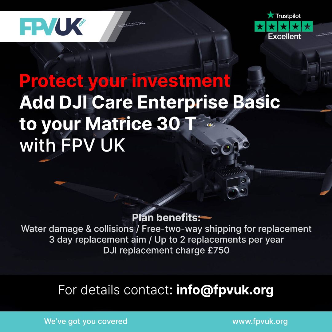 FPVUK's tweet photo. Own a DJI Matrice 30 T? 
Want to protect it against water, collision damage, or full replacement costs? 

Protect your investment with DJI Care Enterprise Basic
More info &amp; to buy email: info@fpvuk.org 

#djicareenterprise #djicare #dji #drone #protect #matrice30t #djimatrice https://t.co/CPcR2RYwyq