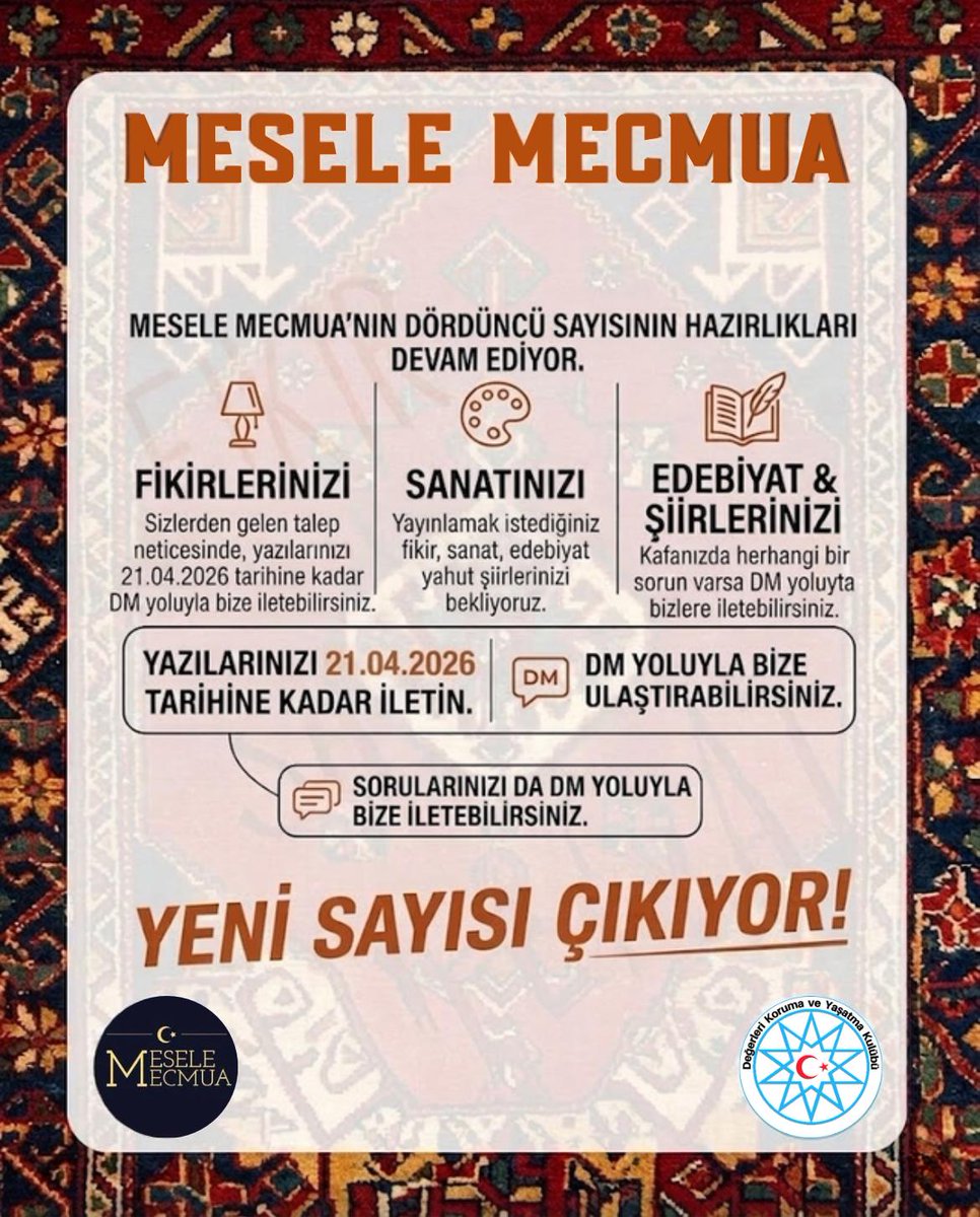 📢Mesele Mecmua'nın 4. sayısı çıkıyor!

Mesele Mecmua Dergimizin 4. sayısının hazırlıklarına başlıyoruz. Yayınlamak istediğiniz fikir , sanat , edebiyat yazılarınızı yahut şiirlerinizi bekliyoruz. Bu doğrultuda 21 Nisan 2026 Salı gününe kadar yazılarınızı DM yoluyla bize