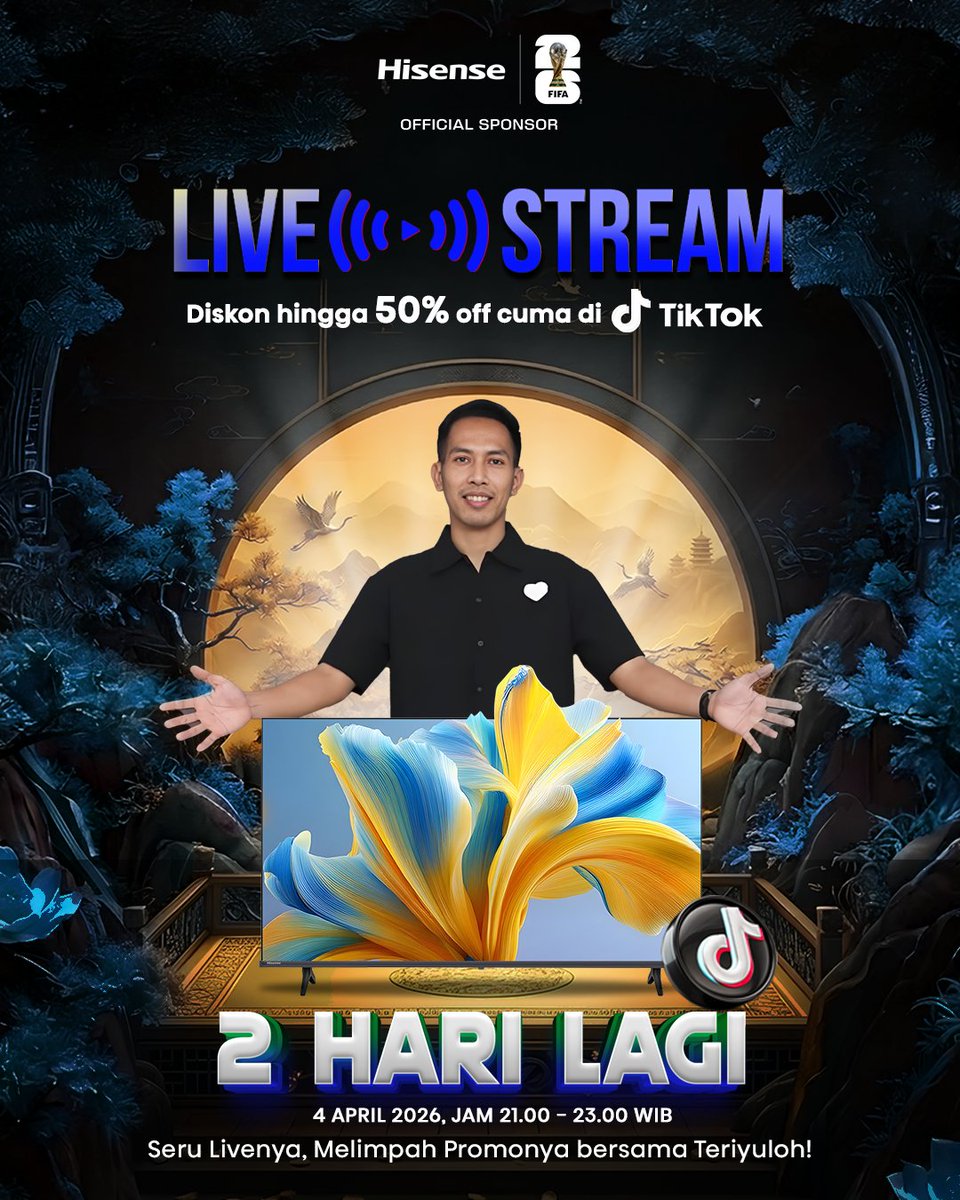 HisenseID's tweet image. 🔥 LIVE STREAM SPESIAL, 2 HARI LAGI! 🔥
Banjir promo! Nikmati diskon s.d 50% eksklusif cuma di TikTok Live 🎉

📺 Jangan ketinggalan ya, waktunya upgrade TV impian dengan harga terbaik bareng Teriyuloh!

🗓 4 April 2026
⏰ 21.00 – 23.00 WIB

Set reminder sekarang !🚀

#Hisense