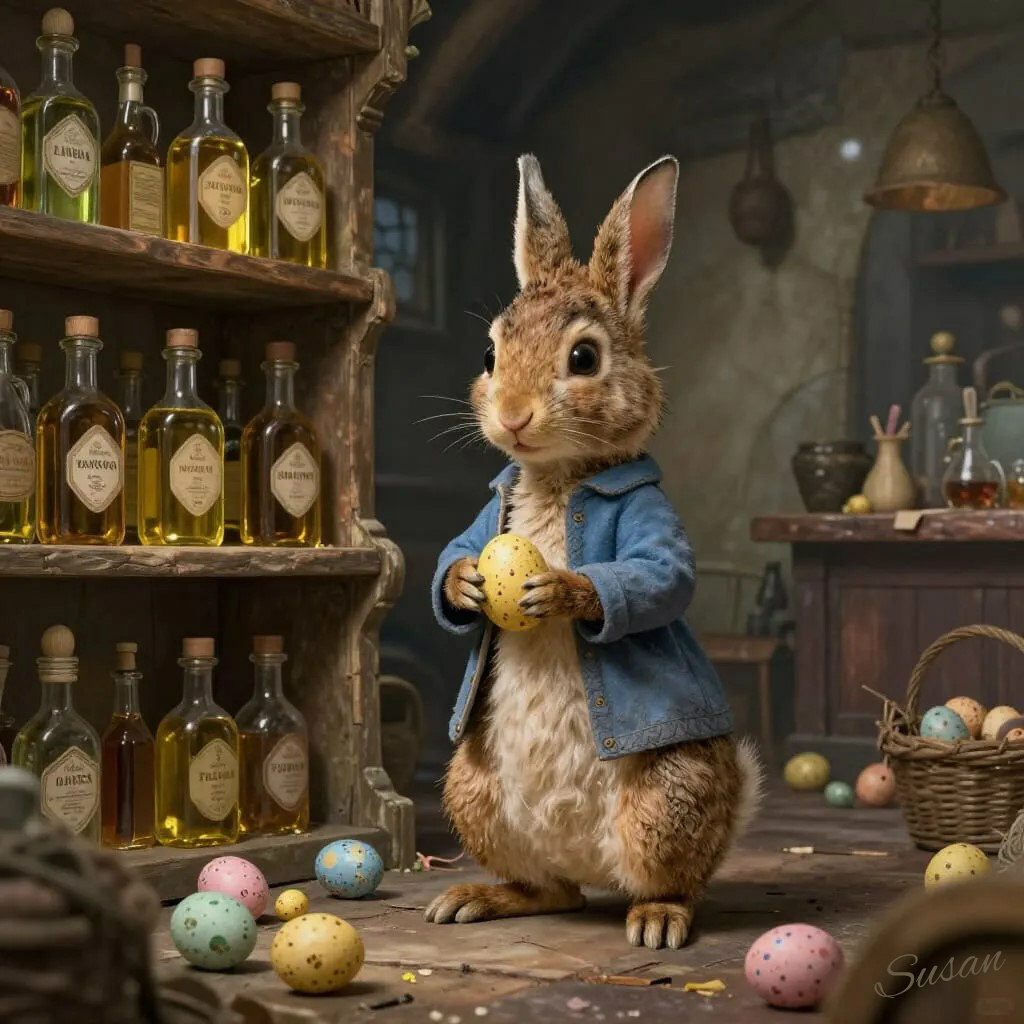 SueOestmann's tweet image. Peter stopped in a small shop with shelves filled with fragrant oils. He wondered which oil Mary used to #Anoint Jesus. #HolyWednesday #PeterRabbit #Dream #HolyWeek #AIGeneratedArt