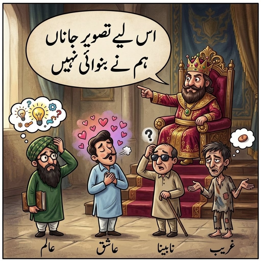 UrduVirsa's tweet photo. ﺍﯾﮏ ﺑﺎﺩﺷﺎﮦ ﻧﮯ ﭼﺎﺭ ﺁﺩﻣﯽ ﻃﻠﺐ ﮐﺌﮯ ﺍﻥ ﻣﯿﮟ ﺳﮯ ﺍﯾﮏ ﻋﺎﻟﻢ ﺗﮭﺎ ، ﺩﻭﺳﺮﺍ ﻋﺎﺷﻖ ﺗﮭﺎ ، ﺗﯿﺴﺮﺍ ﻧﺎﺑﯿﻨﺎ ﺗﮭﺎ ﺍﻭﺭ ﭼﻮﺗﮭﺎ ﻏﺮﯾﺐ ﺗﮭﺎ ،،
ﺑﺎﺩﺷﺎﮦ ﻧﮯ ﺍﻥ ﭼﺎﺭﻭﮞ ﺳﮯ ﮐﮩﺎ ﮐﮧ ﻣﯿﺮﮮ ﺩﻣﺎﻍ ﻣﯿﮟ ﺍﯾﮏ ﻣﺼﺮﻋﮧ ﺁﯾﺎ ﮨﮯ ﺗﻢ ﻟﻮﮒ اس کو ﻣﮑﻤﻞ ﮐﺮﻭ ، ﻣﺼﺮﻋﮧ ﯾﮧ ﮨﮯ:
اس لیے ﺗﺼﻮﯾﺮ ﺟﺎﻧﺎﮞ ﮨﻢ ﻧﮯ ﺑﻨﻮﺍﺋﯽ ﻧﮩﯿﮟ

ﭼﺎﺭﻭﮞ ﻧﮯ ﺗﮭﻮﮌﺍ ﺳﻮﭺ ﺑﭽﺎﺭ ﮐﯿﺎ ﺍﻭﺭ ﺍﭘﻨﮯ ﺍﭘﻨﮯ ﺣﺴﺎﺏ ﺳﮯ ﺷﻌﺮ ﺑﻨﺎئے ﺟﻮ ﮐﭽﮫ ﯾﻮﮞ ﮨﯿﮟ..

ﻋﺎﻟﻢ :
ﺑﺖ ﭘﺮﺳﺘﯽ ﺩﯾﻦ ﺍﺣﻤﺪ ﻣﯿﮟ ﮐﺒﮭﯽ ﺁﺋﯽ ﻧﮩﯿﮟ ،،
اس لیے ﺗﺼﻮﯾﺮ ﺟﺎﻧﺎﮞ ﮨﻢ ﻧﮯ ﺑﻨﻮﺍﺋﯽ ﻧﮩﯿﮟ --

ﻋﺎﺷﻖ :
ﺍﯾﮏ ﺳﮯ ﺟﺐ ﺩﻭ ﮨﻮﮰ ﭘﮭﺮ ﻟﻄﻒ ﯾﮑﺘﺎﺋﯽ ﻧﮩﯿﮟ ،،
اس لیے ﺗﺼﻮﯾﺮ ﺟﺎﻧﺎﮞ ﮨﻢ ﻧﮯ ﺑﻨﻮﺍﺋﯽ ﻧﮩﯿﮟ --

ﻧﺎﺑﯿﻨﺎ :
ﮨﻢ ﻣﯿﮟ ﺑﯿﻨﺎﺋﯽ ﻧﮩﯿﮟ ﺍﻭﺭ ﺍﺱ ﻣﯿﮟ ﮔﻮﯾﺎﺋﯽ ﻧﮩﯿﮟ ،،
اس لیے ﺗﺼﻮﯾﺮ ﺟﺎﻧﺎﮞ ﮨﻢ ﻧﮯ ﺑﻨﻮﺍﺋﯽ ﻧﮩﯿﮟ --

ﻏﺮﯾﺐ :
ﻣﺎﻧﮕﺘﮯ ﭘﯿﺴﮯ ہیں ﻣﺼﻮﺭ ﺟﯿﺐ ﻣﯿﮟ ﭘﺎﺋﯽ ﻧﮩﯿﮟ ،،
اس لیے ﺗﺼﻮﯾﺮ ﺟﺎﻧﺎﮞ ﮨﻢ ﻧﮯ ﺑﻨﻮﺍﺋﯽ ﻧﮩﯿﮟ -

اب آپ کی باری .....
اس لیے تصویر جاناں ہم نے بنوائی نہیں .....