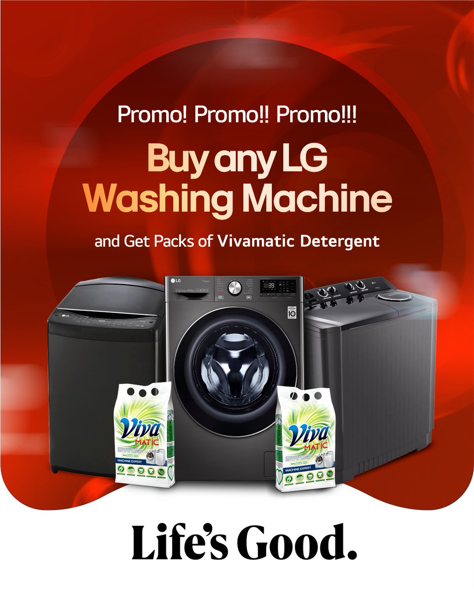 LGAfrica1's tweet image. This Easter, when you buy any LG Washing Machine, you get FREE packs of Vivamatic Detergent.
This allows you wash smarter, save more, and enjoy freshness that lasts.

Get yours Now: spr.ly/6013B6WgBx

#LGWashingMachine #Promotions #LifesGood #LGNigeria #FreeGift #LGTwinTub