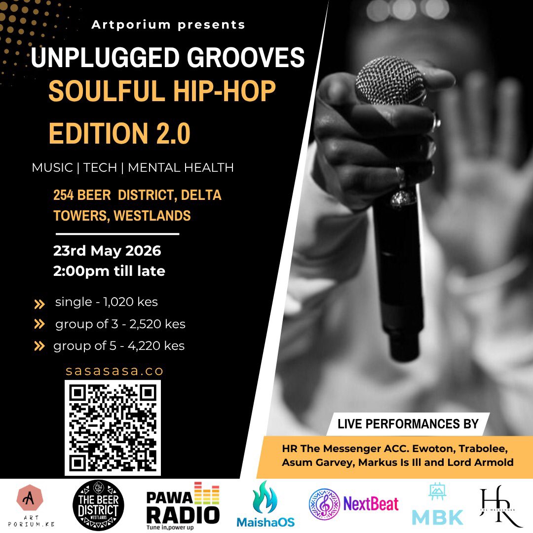 Unplugged Grooves: Soulful Hip-Hop Edition 2.0 has officially found a digital home on <a href="/Sasasasaa/">sasa</a> platform that didn’t just host us, but built with us.

Lineup:
@HRthemessenger
<a href="/MCShazDecibelle/">MC Sharon</a> 
<a href="/MarkusIll/">Markus is ILL</a> 
<a href="/AsumGarvey/">DAWN</a> 
<a href="/lordarnoldybk/">Lord arnold ybk</a> 
<a href="/trabolee/">man-Tra</a> 

📍 @254beerdistrict
📅 May 23rd