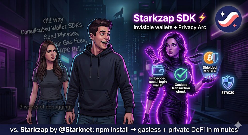 Bigmood132's tweet photo. Me trying to add crypto features to my app the old way 🥲

vs. Starkzap by @Starknet: npm install,  gasless + private DeFi in minutes 

Thread: How Starkzap turns blockchain headaches into magic 1/8

#Starkzap #Starknet #PrivacyArc https://t.co/Bmpk0TLCwf