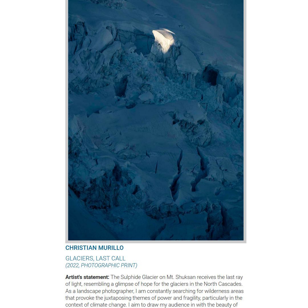 climateUS_'s tweet photo. Art x Climate is an integral part of the Fifth National Climate Assessment (NCA5), restored by https://t.co/G31ueLvlYl. #sciart
One of the featured artworks is “Glaciers, Last Call” by Christian Murillo. 
Year and Medium: 2022, photographic print https://t.co/cxpZlcochl
