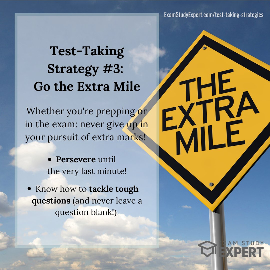 examstudyexpert's tweet photo. Test Taking Strategy Number 3 - Go the extra mile. Whether you're prepping or in the exam: never give up in your pursuit of extra marks! Find out more here https://t.co/1R3HEN1vKY #studytips #testtakingstrategies #examstudy https://t.co/Dm3NW7Qxkv