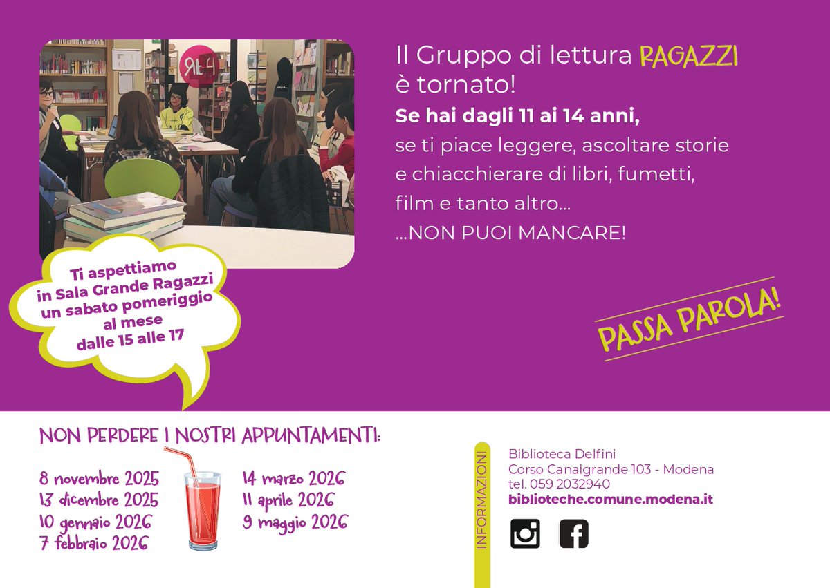 📚✨Un piccolo promemoria per tutti i giovani lettori: sabato 11 aprile, dalle 15 alle 17, torna il Gruppo di Lettura Ragazzi in #Delfini!

Hai tra gli 11 e i 14 anni? Ti aspettiamo per un pomeriggio di chiacchiere su libri, fumetti, film e storie da condividere insieme. 💬📖