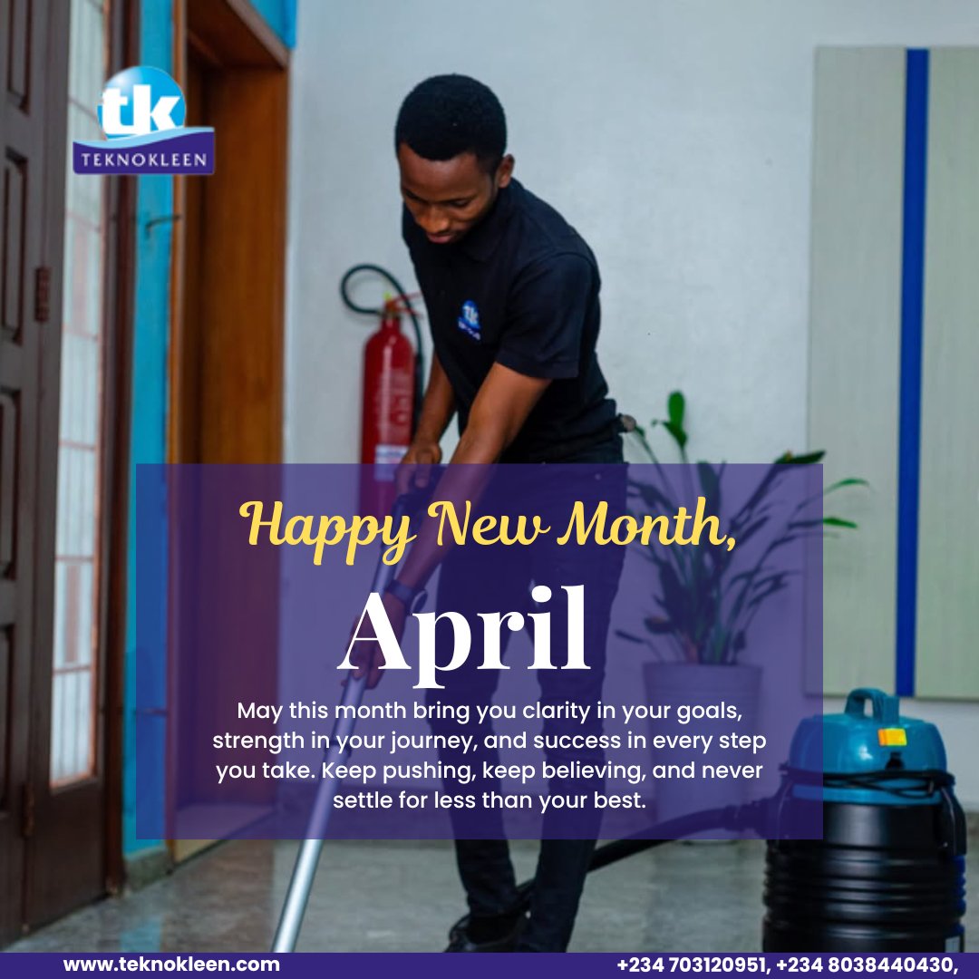 TeknokleenGroup's tweet image. New Month. Fresh Start. Clean Space. 💙
Welcome to April with TeknoKleen where cleanliness meets excellence!

📞 +234 703120951, +234 8038440430
🌐 teknokleen.com

#newmonth #cleaningtips