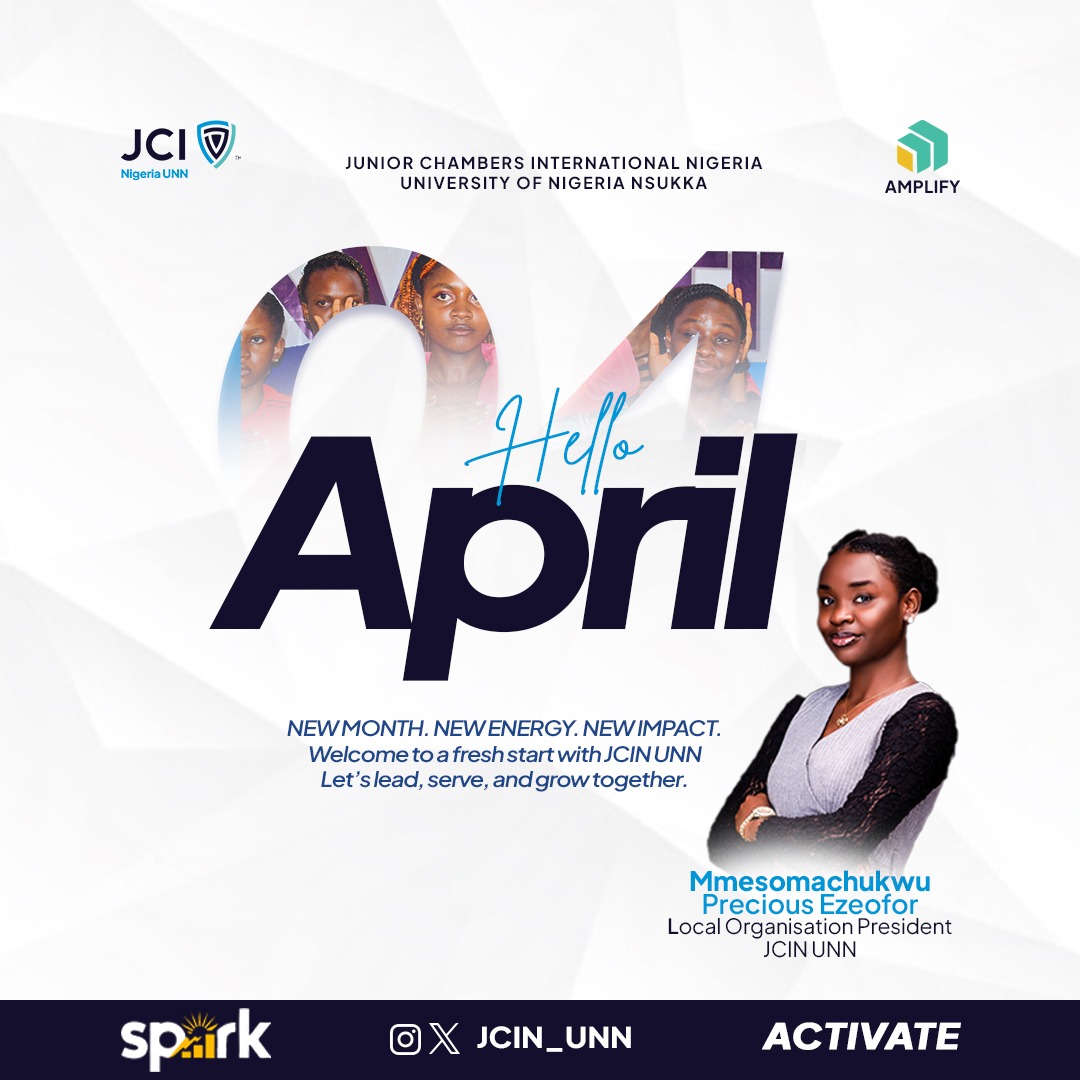 Hello April✨
Welcome to April with JCIN UNN. We are entering this month with a fresh start and a focus on leading, serving, and growing together.

#JCIN
#JCINUNN 
#ACTIVATE
#SPARK
#AMPLIFY