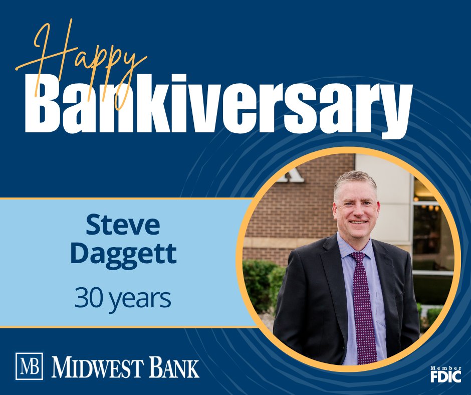 MidwestBank's tweet photo. Today we celebrate a major milestone, 30 years with Midwest Bank for our President &amp; CEO, Steve.

Thank you for three decades of leadership, dedication, and commitment to our team, our customers, and the communities we serve.

#30years #workanniversary #MWBankteam https://t.co/vpQx4OB6gv