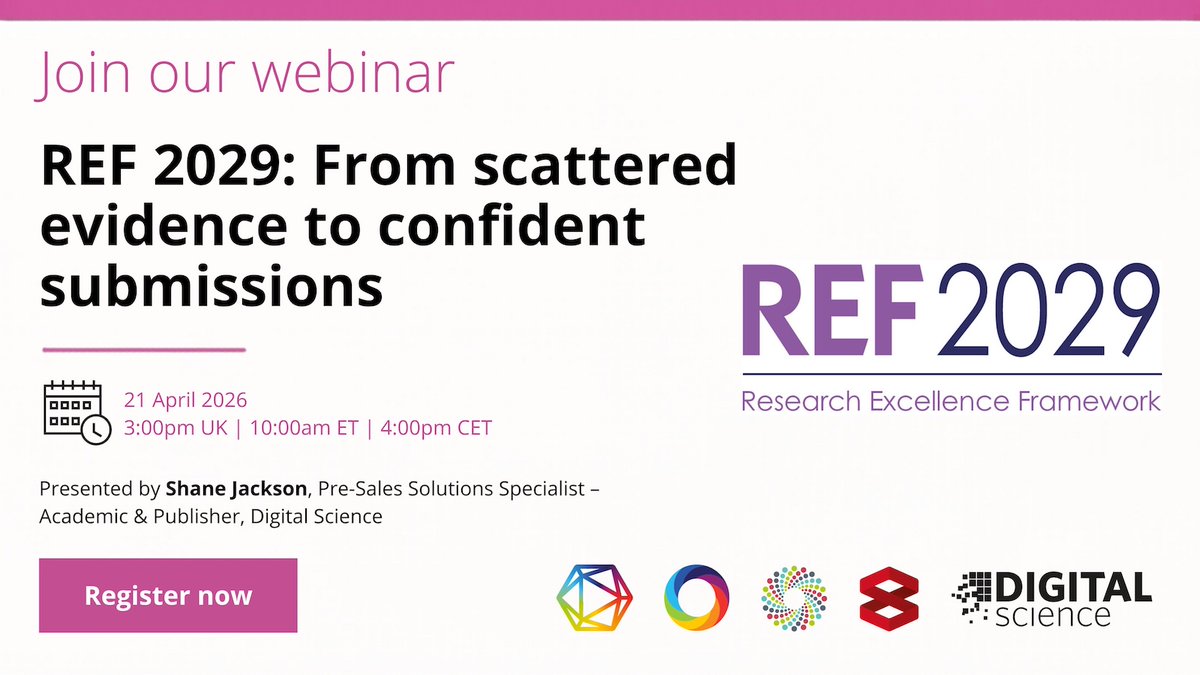 digitalsci's tweet image. New webinar: #REF2029: From scattered evidence to confident submissions.

The Research Excellence Framework (#REF) is changing - and so is how you prepare for it. Bring your data, outputs &amp;amp; impact together.

🗓️ Tuesday 21 April 2026
🕒 3:00pm BST

🔗 Register now: