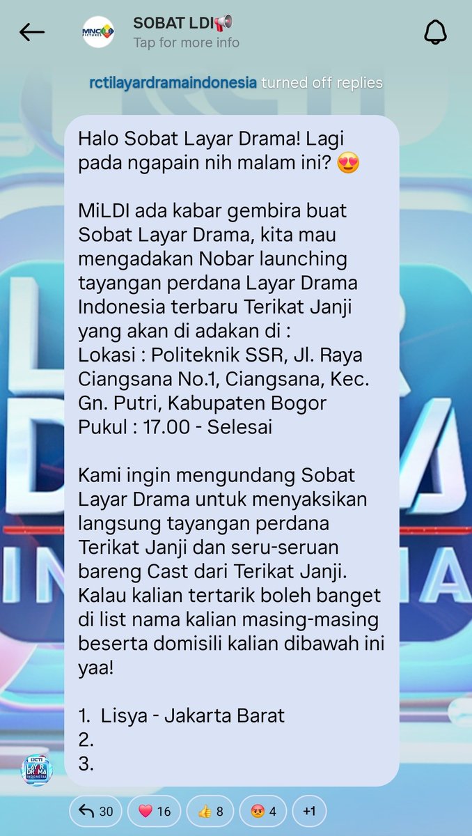 Jeiino1's tweet photo. yg mau join nobar, buka ignya @LayarDrama_RCTI, join channel nya dan reply nama ya
#AryaSaloka
#TerikatJanji https://t.co/Hxhfo4jP3A