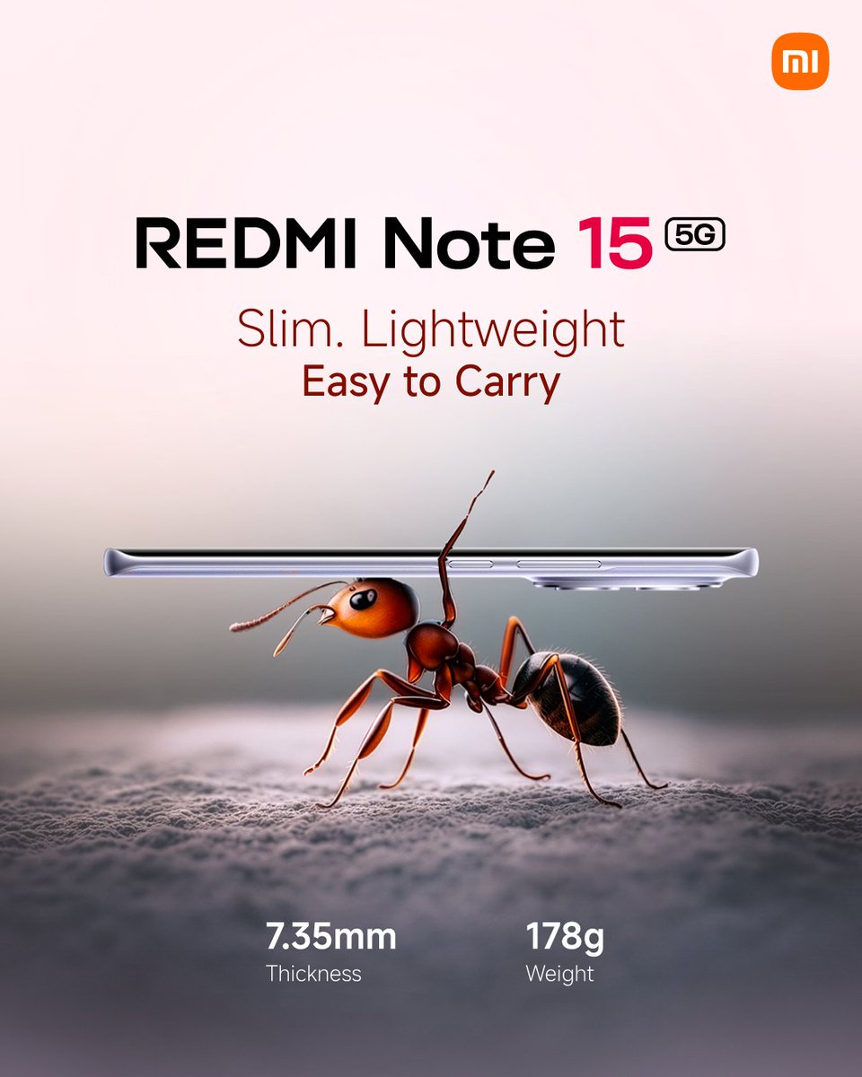 MiBangladesh's tweet image. Feels like nothing. Does everything. ✨📱

With a sleek 7.35mm lightweight body and a weight of 178g, REDMI Note 15 5G is made to move effortlessly with you. It delivers ultimate comfort in every carry.

#REDMINote155G #XiaomiBangladesh