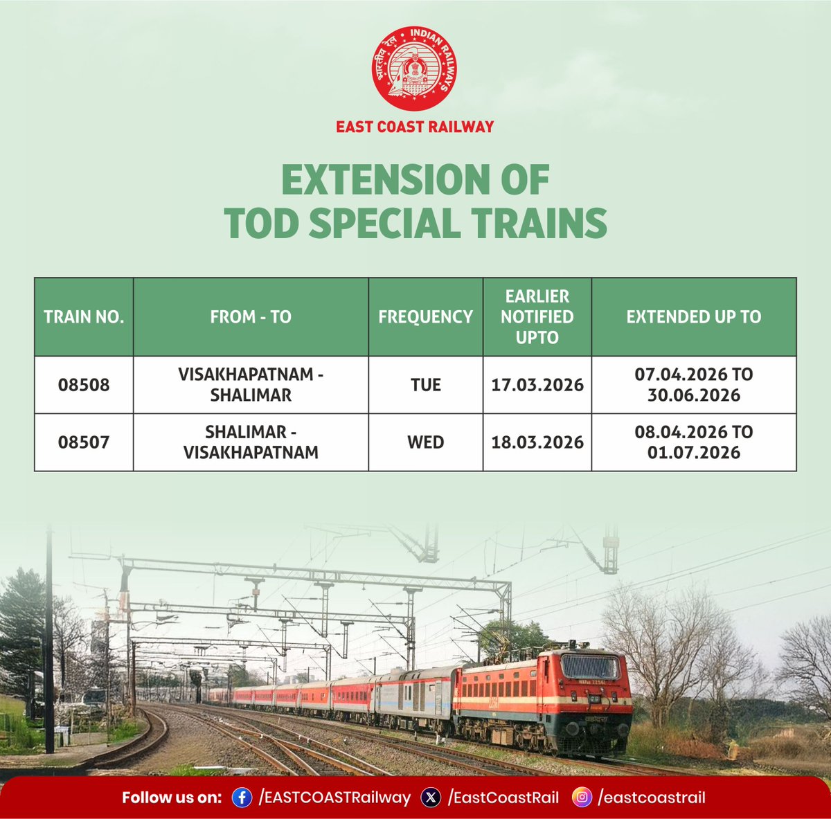 EastCoastRail's tweet photo. TOD Special Train service extended 
Continuing to serve passengers and manage increased travel demand
#RailUpdates #ECoRupdate
@RailMinIndia https://t.co/j7SIVHMzoV