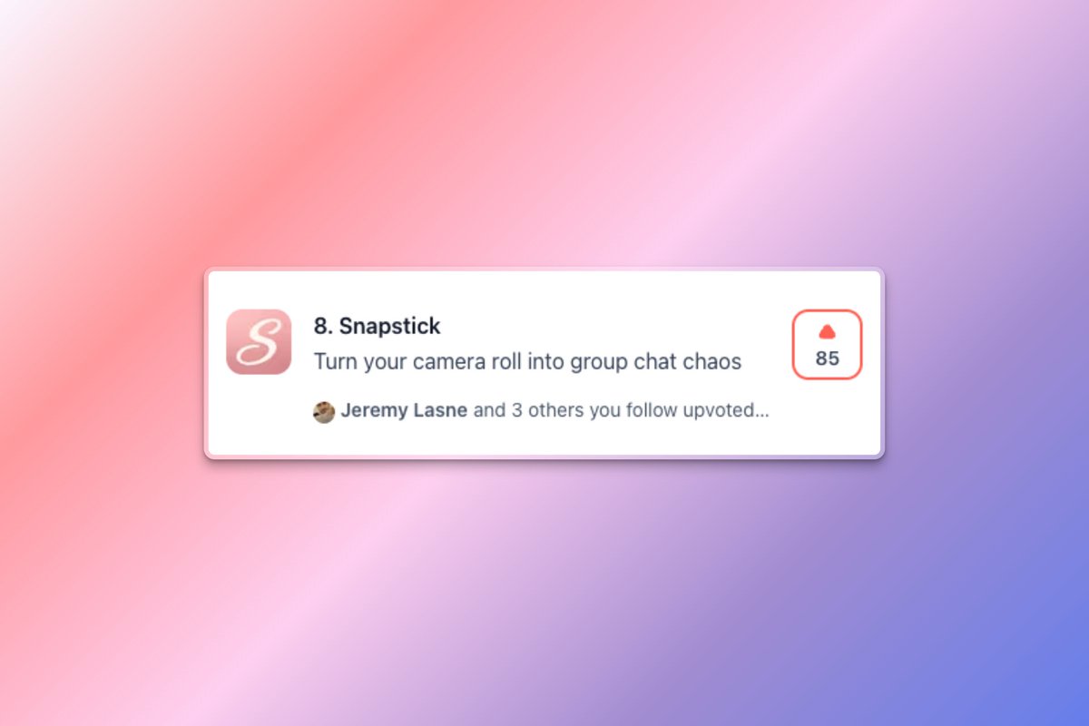 madsmadsdk's tweet photo. Snapstick is currently in 8th position on Product Hunt 🥳

Thank you so much for your support, it means the world to me!

Competition is tight for a top 10 spot, so I still need all hands on deck 😅

If you have 2 minutes, I'd greatly appreciate a comment, upvote or retweet 🙏 https://t.co/YWt1snsfZR