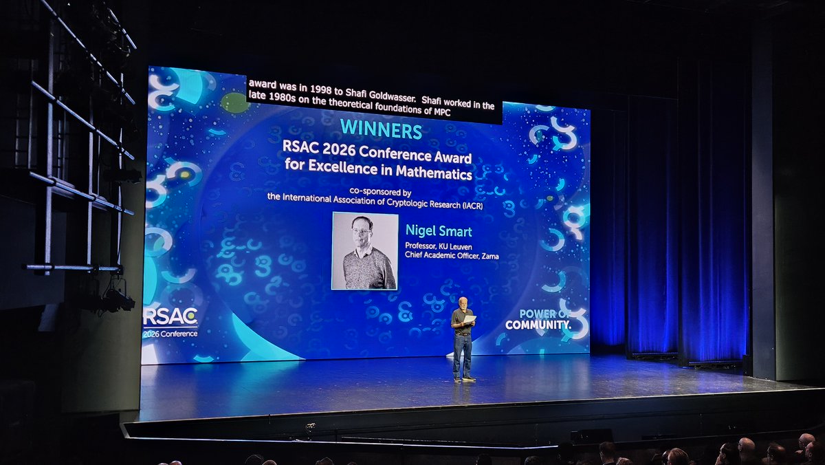 CosicBe's tweet image. With Nigel Smart’s recent #RSAC Math Award, he becomes the 4th COSIC member to receive this recognition over the years - joining Bart Preneel, Joan Daemen and Vincent Rijmen.
Proud of COSIC’s long‑standing contributions to cryptography. 🔐
#COSIC #KULeuven #RSAC2026 #RSAC