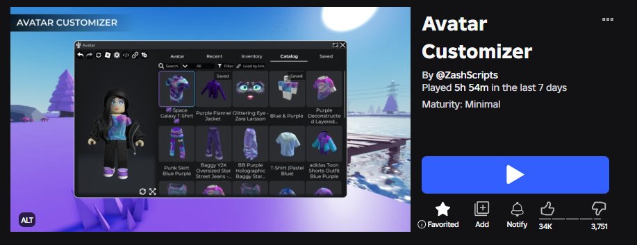 If you're looking for a decent Avatar Customizer I've been using "Avatar Customizer" by ZachScripts for years now, it's pretty simple. UI gets a bit clunky and buggy sometimes but it's been pretty faithful to me.

I'm not sure how it is on mobile devices.