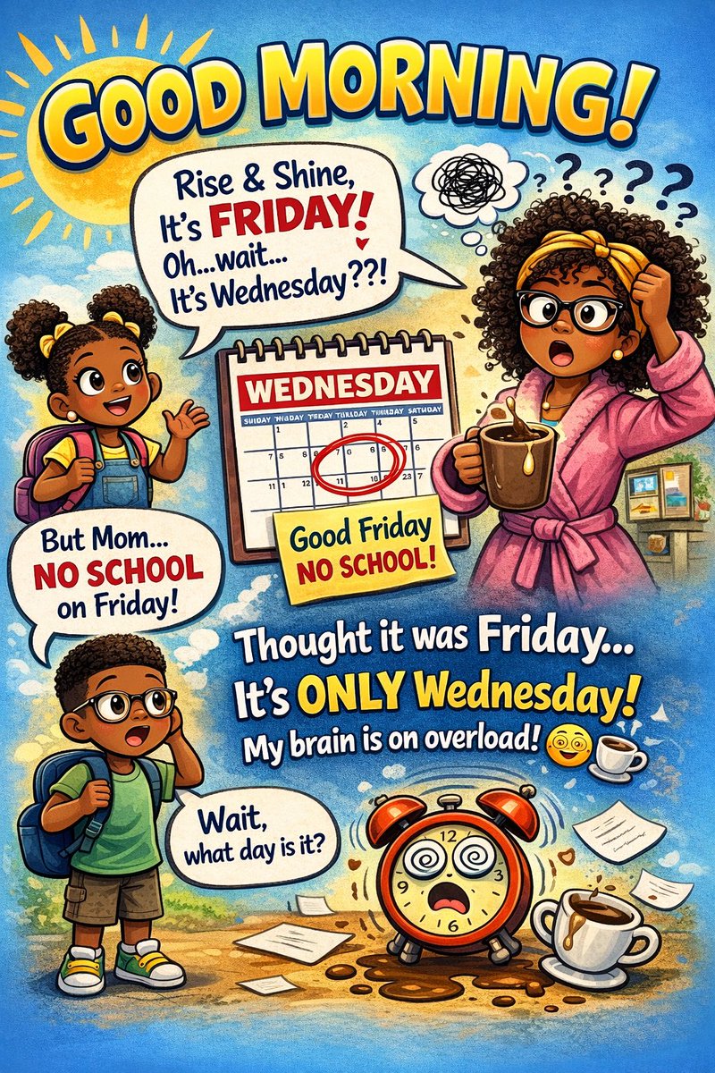 LelaJFagan's tweet photo. Good morning, folks!
Woke up moving like it was Friday 😌

It’s Wednesday.  
And there’s no school on Friday anyway 😭

My brain said “spring break 2.0” and clocked out early 😂☕  
#MomBrain https://t.co/8uekOV7MBl
