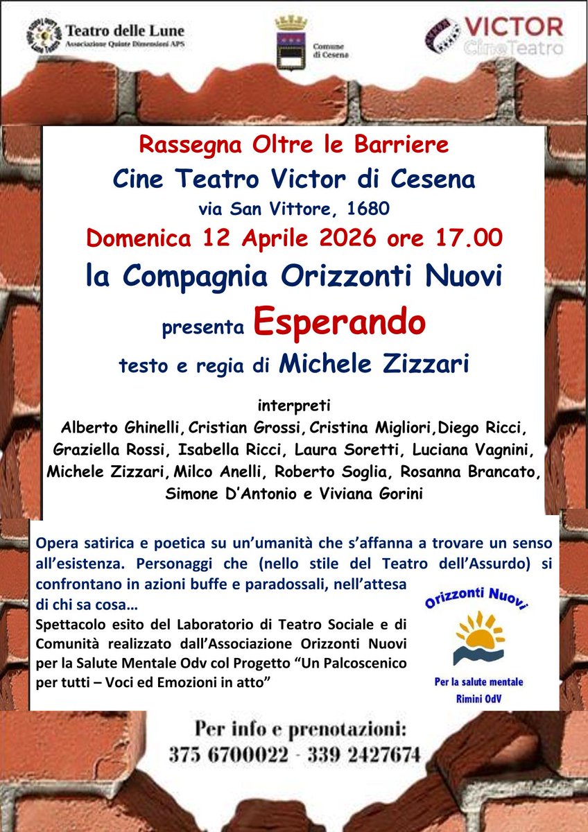 MicheleZizzari's tweet photo. Care, cari siete invitati Domenica 12 Aprile 2026 alle ore 17.00 al Teatro Victor di Cesena in via San Vittore dove la Compagnia Orizzonti Nuovi di Rimini presenta uno spettacolo di raffinata ironia, divertentissimo, paradossale e insieme forte e poetico.
Vi aspettiamo numerosi. https://t.co/ktKoYD0UjR