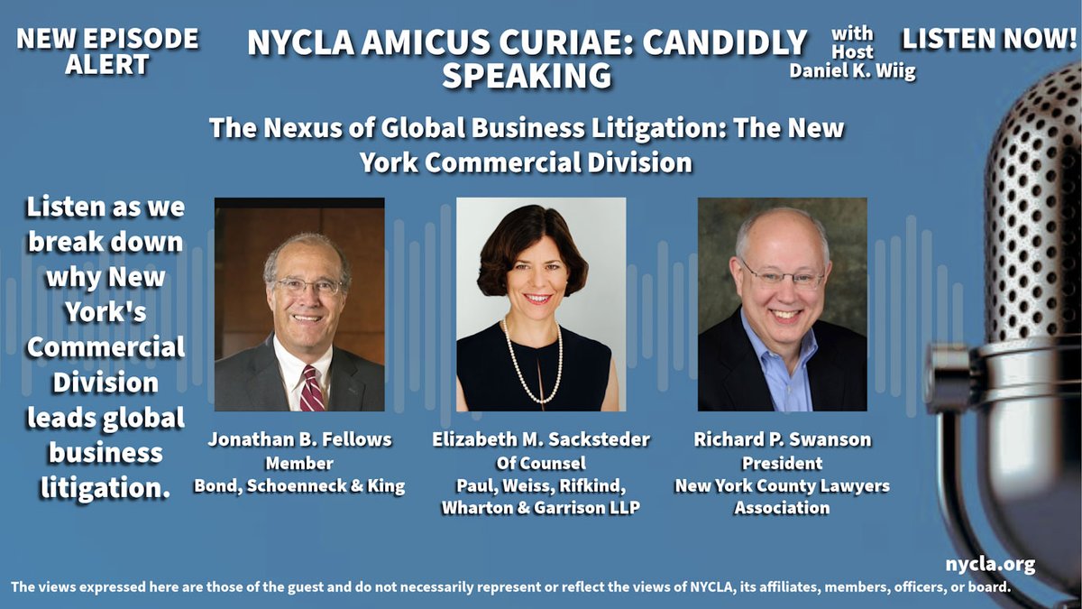 DanWiig's tweet photo. New @AmicusNYCLA episode alert: Top NY #litigators @NYCLAPres Jonathan Fellows and Liz Sacksteder stopped by to talk @nycourtsnotice's commercial division. Season 6 continues here: https://t.co/foRWgDhDOT  @nycla @PaulWeissLLP @BondLawFirm @NYSBACOMFED https://t.co/jmxQZBQq5m