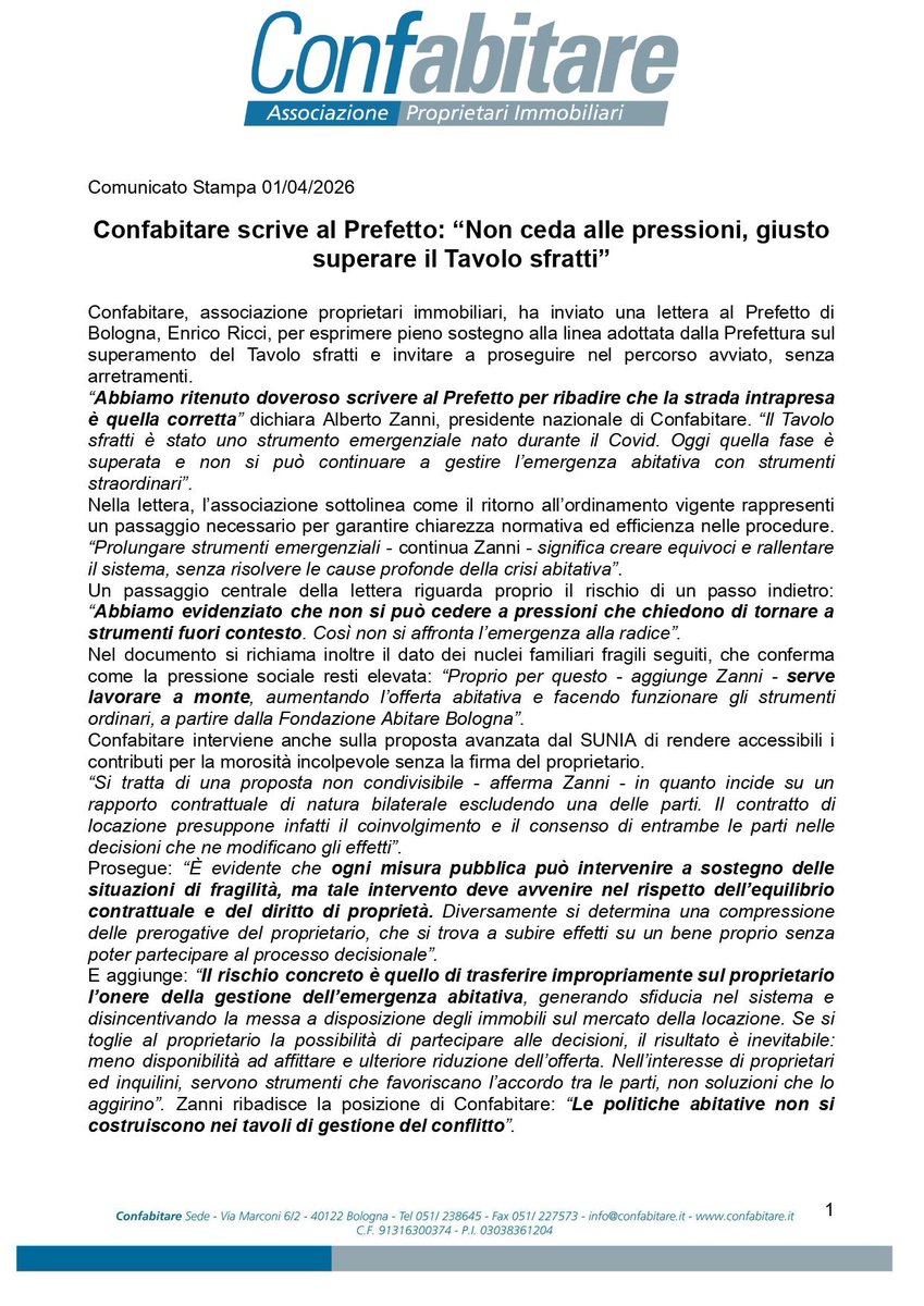 Confabitare scrive al Prefetto: “Non ceda alle pressioni, giusto superare il Tavolo sfratti”