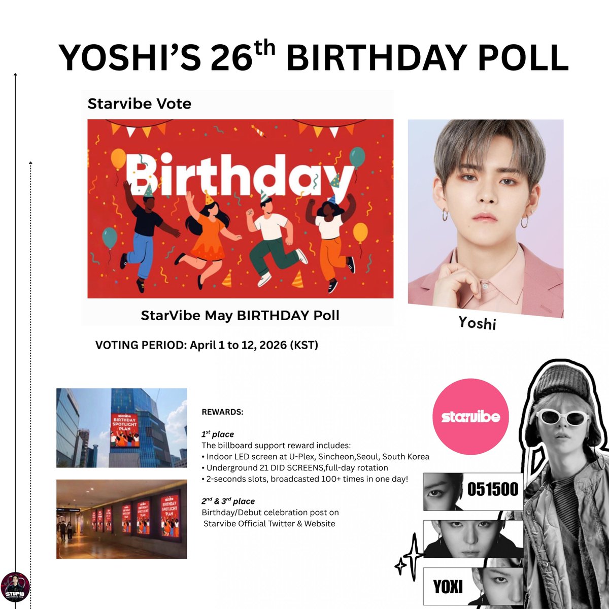 YOSHI_VT's tweet photo. 📣 [STARVIBE]

The May Birthday Poll has officially started!
Collect stars and gems using your Gmail/LINE accounts and start voting now!
👉https://t.co/YQ3XwCb50P

🗓 Voting Period: April 1–12, 2026 (KST)
🎯TOP 1 

Rewards:
🥇Billboard ads in Sinchon, Seoul + massive screen exposure
🥈🥉Birthday celebration post on StarVibe’s official platforms

Let’s give our best, Hoshis/Teumes!

#VoteForYoshi #MayBirthdayPoll
#YOSHI #요시 #ヨシ #트레저