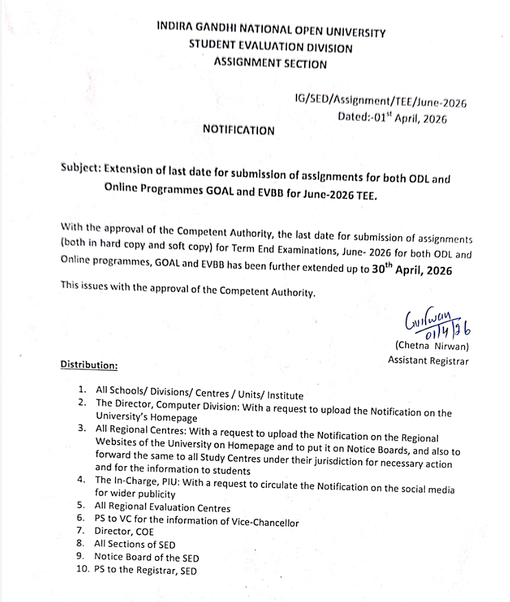 chandigarh_rc's tweet image. Notification regarding Extension of last date for JUNE 2026 TEE Submission of Assignment

@OfficialIGNOU 
#ignourcchd
#IGNOU