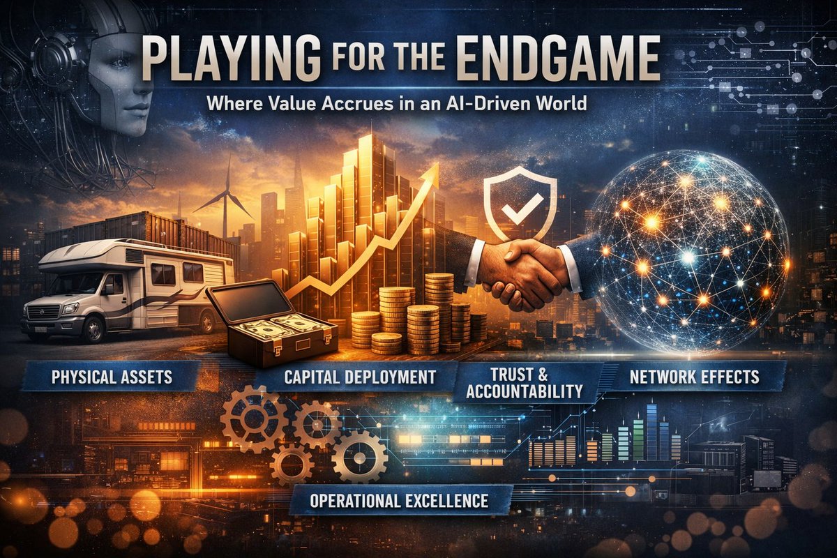 maclement1's tweet photo. Most people are still playing the early game.

But the game is changing.

I recently read a piece that reframed something I haven’t been able to shake:

The middlegame is disappearing.
The best players are already playing for the endgame.

In a world where AI makes intelligence abundant, faster, and cheaper, the question shifts:

What actually becomes scarce?

A few things stand out:

• Physical assets still matter
You can’t download an RV. You can’t automate away logistics, storage, or maintenance. The real world doesn’t scale at the speed of software.

• Capital becomes a weapon
When everything is more efficient, the ability to deploy capital into real-world assets and infrastructure becomes even more powerful.

• Trust doesn’t go away
When AI can do the work, someone still has to be accountable when things go wrong.

• Network effects compound
Marketplaces win on density, not just technology. Liquidity is earned, not coded.

• Operational depth becomes a moat
AI can replicate intelligence, but not years of hard-won experience embedded in systems and processes.

---

At RV Management USA and https://t.co/ePAUwx4esj, this is increasingly how we’re thinking.

Not just about building software.
But about positioning ourselves where value accrues in the long run.

The intersection of:

• Physical assets
• Capital deployment
• Operational excellence
• Data
• Trust

AI doesn’t replace these. It amplifies them.

If you’re building right now, it’s worth asking:

Does your business get stronger or weaker as intelligence gets cheaper?

That answer will tell you whether you’re playing the early game… or the endgame.