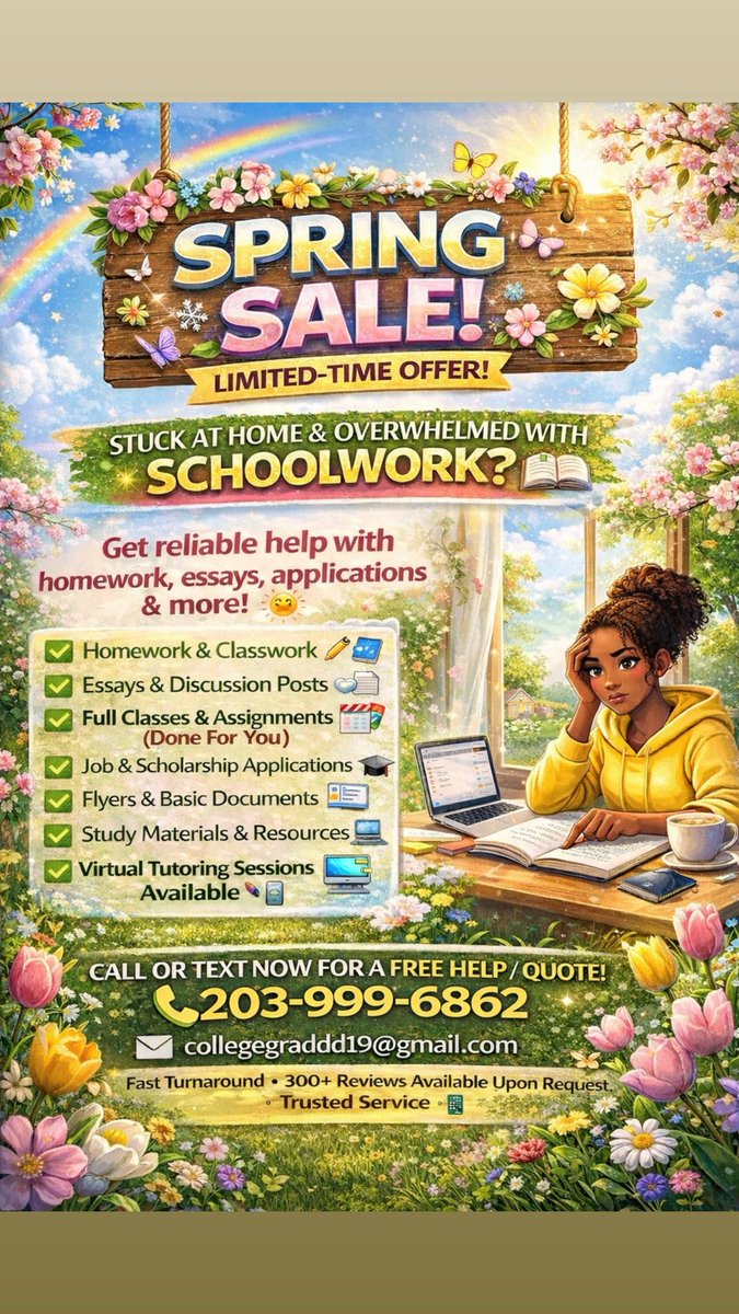Lymoneybags's tweet image. If you need help with anything! 

24/7 reliable assistance, 200+ reviews and samples available! 📲

#LevelUpWithLy #HomeworkHelp #collegelife #collegestudents #homework
