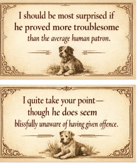 KerryDaynes's tweet photo. Frightfully British ways to respond to anyone who objects to your dog in a public space. https://t.co/ZkeQX0JC2D