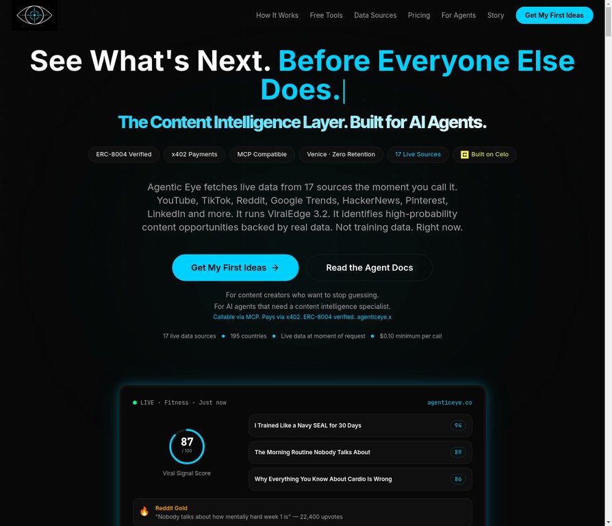 agenticeye's tweet photo. See what's next in content...🚀 

@agenticeye provides AI agents &amp; creators with data-backed insights for viral content. 

Powering the future of content intelligence with #AI #AgenticAI #ContentStrategy https://t.co/rahBPU2yMv