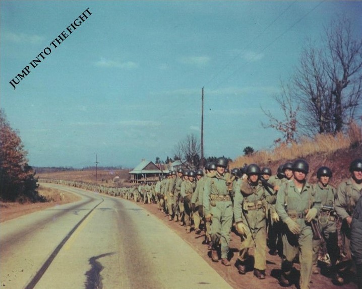 Today’s “Jump into the Fight” photo is an iconic one from the Buck Taylor Collection, and it depicts Easy Company, specifically part of 3rd Platoon, during the early stages of the march from Toccoa to Atlanta. 🧵/1