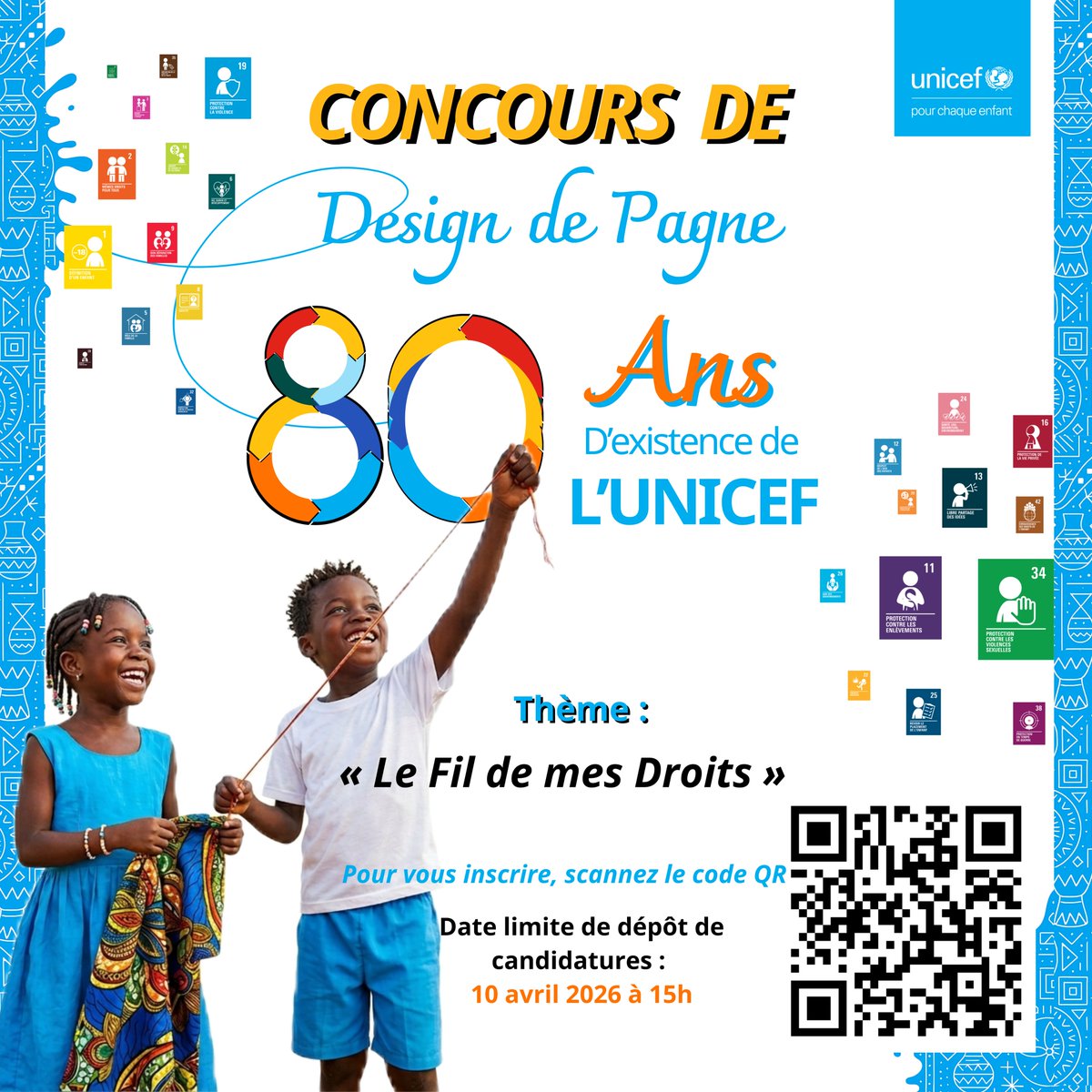 unicefcameroon's tweet image. L’ @unicefcameroon  lance un concours de Design de Pagne pour célébrer les 80 ans de l'#UNICEF ! 🎉
Thème : « Le Fil de mes Droits ».
Participez avant le 10 avril 2026 à 15h 00.
𝗜𝗻𝘀𝗰𝗿𝗶𝗽𝘁𝗶𝗼𝗻 𝘃𝗶𝗮 𝗤𝗥 𝗰𝗼𝗱𝗲 𝗼𝘂 𝗶𝗰𝗶 : forms.office.com/e/x8WT09aXmJ #UNICEF80ans #Design