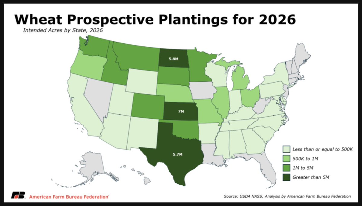 FarmPolicy's tweet image. 1/ #Wheat acreage for the 2026/27 marketing year is expected to be highest in #Kansas at 7 million acres, followed by #NorthDakota at 5.84 million acres and #Texas at 5.7 million acres.

From the @FarmBureau: tinyurl.com/yp33mnnw