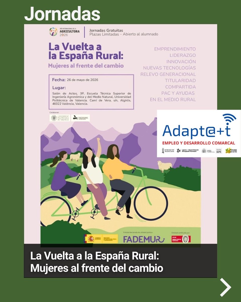MITierradelVino's tweet image. 📣 Jornada | La vuelta a la España rural: Mujeres al frente del cambio

El próximo 26 de mayo en Valencia.

🔗 Inscripción: forms.gle/Y3tKd2STHbJdK5…

👥 La #MITV, Adapt@+t colabora con @fademurpv en la difusión de estas jornadas.