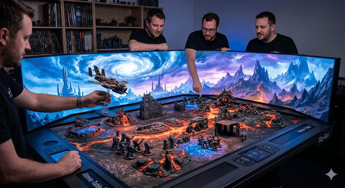 MiniatureWG's tweet photo. Static terrain is now history. Meet the Atmos-Table: 8K LED wrap-around screens that react to your game in real-time. Whether you are climbing ruins or taking flight, the horizon shifts to match your units.
Experience total immersion: https://t.co/Es1pZAR5Pb https://t.co/cwd1FjdzBY