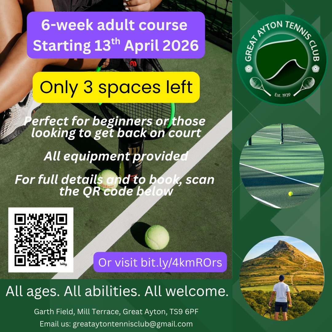 AytonClub23's tweet image. 🎾 Only 3 places left on our Adult Beginners Tennis Programme!
👉 Don’t miss out—book now!
#Tennis #Beginners #GetActive #LastFewSpaces #GreatAyton