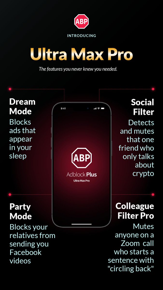 AdblockPlus's tweet image. 🎉🙌 Adblock Plus Ultra Max Pro is here &amp;amp; it's everything you never knew you needed. 🎉🙌 
Dream Mode™. Party Mode™. Social Filter™. 
Your internet will never be the same...👀

Just kidding! #AprilFools but you should download ABP for Safari! 😅❤️
#NewFeatures #ComingSoon