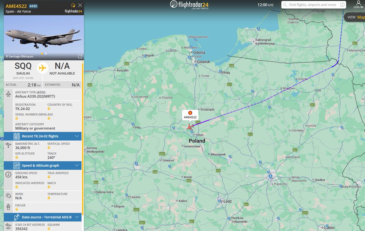PolishMilRadar's tweet image. 📅 01.04 🕒 14:00LT - 🇪🇸✈️ A330 tranzytem

🇪🇸 Hiszpańskie Siły Powietrzne
✈️ Airbus A330-202 MRTT "T.24-02"
🛫 Baza Lotnicza Szawle #EYSA 🇱🇹
🛬 Nieznane (możliwy powrót do Bazy Lotniczej Torrejón de Ardoz #LETO 🇪🇸)
#AME4522 leci na FL360 (10973 m)
🔗 flightradar24.com/AME4522/3f0364…