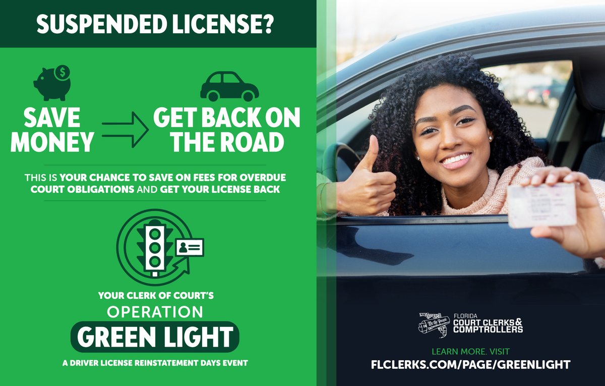 FloridaClerks's tweet image. Suspended license? Outstanding fines?

#OperationGreenLight could be your ticket to getting back in the driver’s seat.

Learn more: FLClerks.com/Page/GreenLight

#TrafficTickets #LegalHelp #SaveMoney