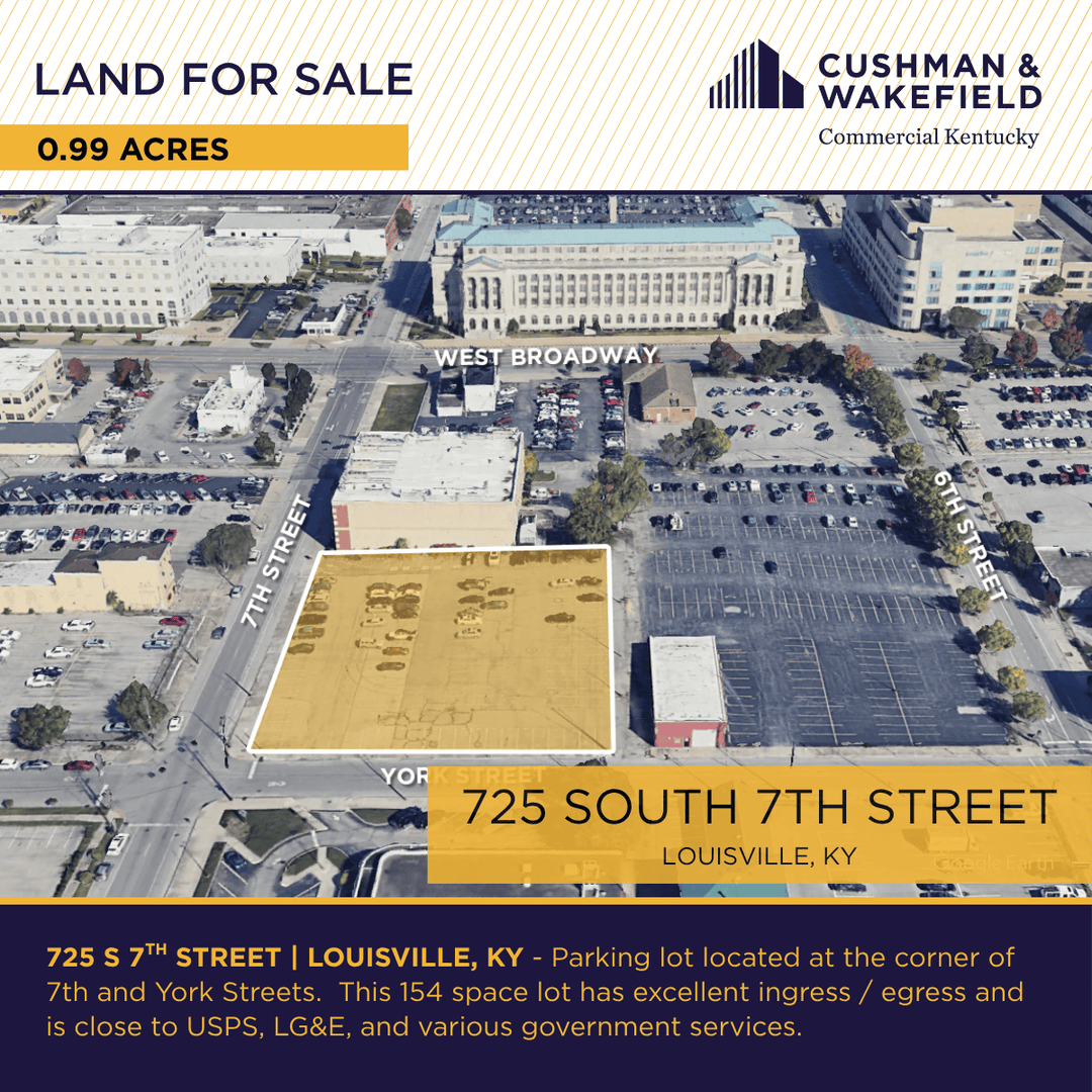 725 S 7th Street | #Land for #Sale
Downtown Parking Lot | Excellent Visibility |200' x 215' | Level Topography
Contact Sam Gray, CCIM or Sam English at 502-589-5150 for more information!  
commercialkentucky.com/property-detai…