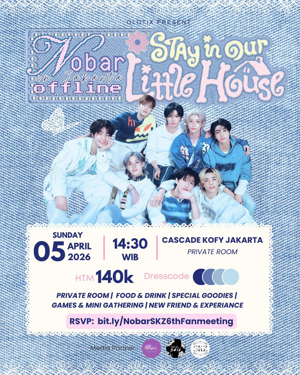 ✩°｡⋆ 𝙉𝙤𝙗𝙖𝙧 𝙊𝙛𝙛𝙡𝙞𝙣𝙚 Fanmeeting 𝙎𝙩𝙧𝙖𝙮 𝙆𝙞𝙙𝙨 𝙞𝙣 𝙅𝙖𝙠𝙖𝙧𝙩𝙖 ⋆ ｡° ✩

🗓 Sunday, 5 April 2026
📍Cascade Kofy Jakarta 
🔗 bit.ly/NobarSKZ6thFan…
✔️ Detail on pict &amp; More info DM <a href="/olotix_/">Event Kpop Jakarta dan Sekitarnya</a>