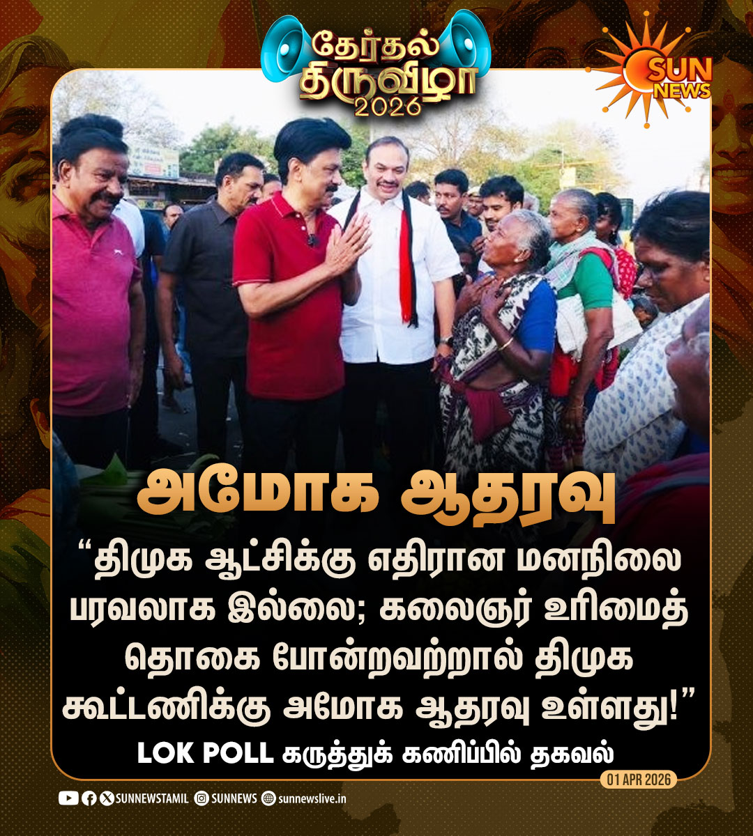 sunnewstamil's tweet photo. #தேர்தல்திருவிழா | “திமுககூட்டணிக்கு அமோக ஆதரவு உள்ளது!” -Lok Poll கருத்துக் கணிப்பில் தகவல்
#SunNews | #LokPoll | #ElectionAnalysis | #DMK | #CMMKStalin https://t.co/I8mOdqA3if