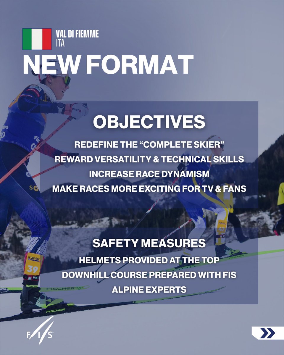 FISCrossCountry's tweet image. OFFICIAL ANNOUNCEMENT – NEW FORMAT UPDATE FOR ALPE CERMIS FINAL STAGE 🤩

Starting next season, the organizing committee of the Tour de Ski together with FIS Cross Country has approved a major update to the final stage at Alpe Cermis. ⛰️

#fiscrosscountry #wintersport