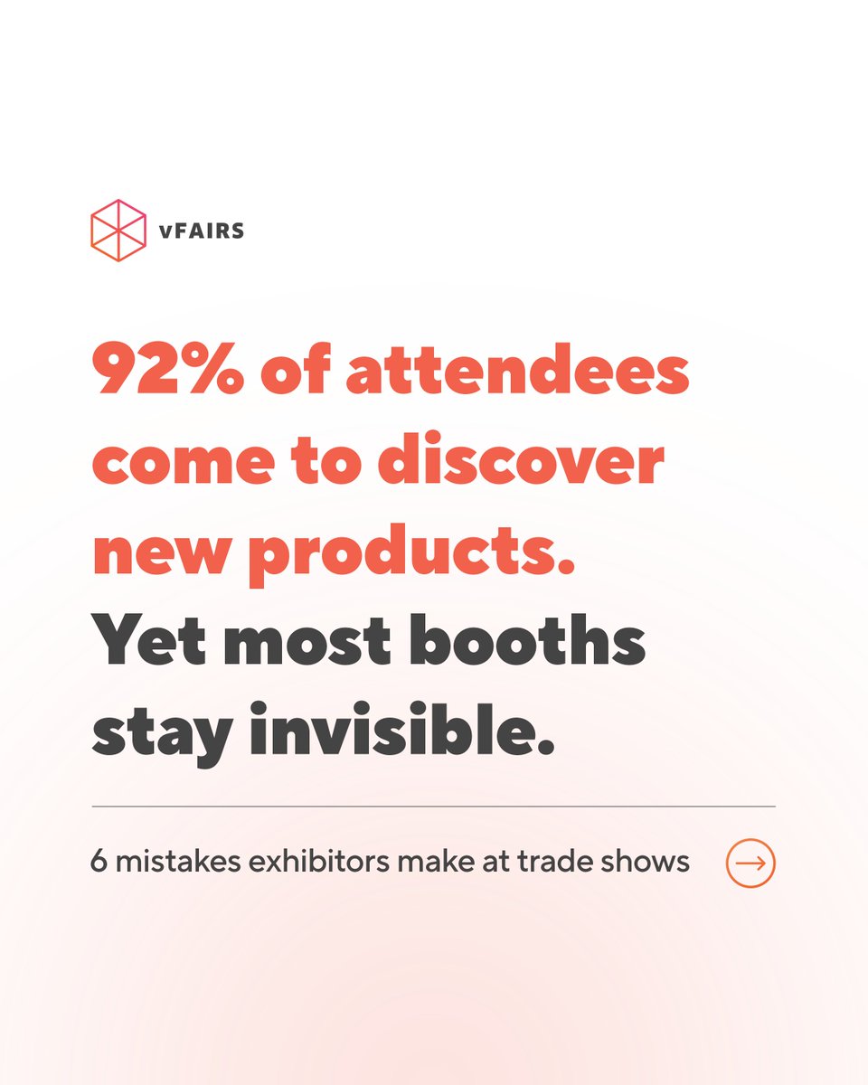 vfairs's tweet image. Your competitor won by being better prepared.

Exhibitors often lack a plan, leading to low ROI. With 92% of attendees seeking new products, avoiding 6 key mistakes is essential.

Check out the shocking stat in slide 9!

Tag a fellow exhibitor.

#TradeShows #EventMarketing
